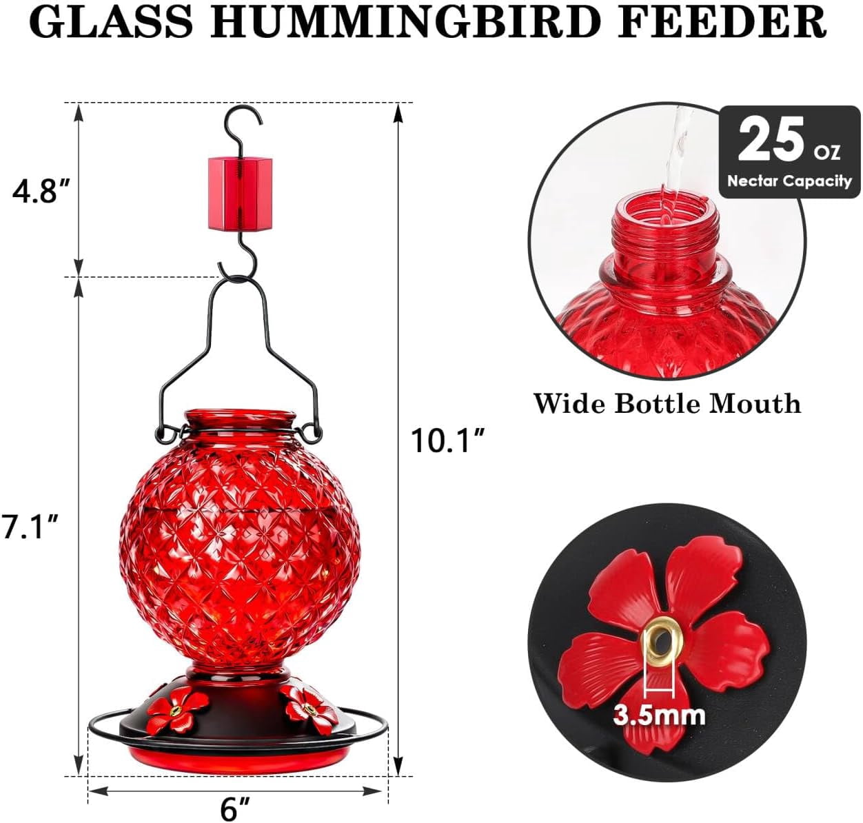 25 OZ Glass Hummingbird Feeder for Outdoors Hanging, Humming Bird Nectar Feeder with Ant Moat, 4 Bee-Proof Feeding Ports, 360° Perch, Leak-Proof, Gifts for Women Mom, Red