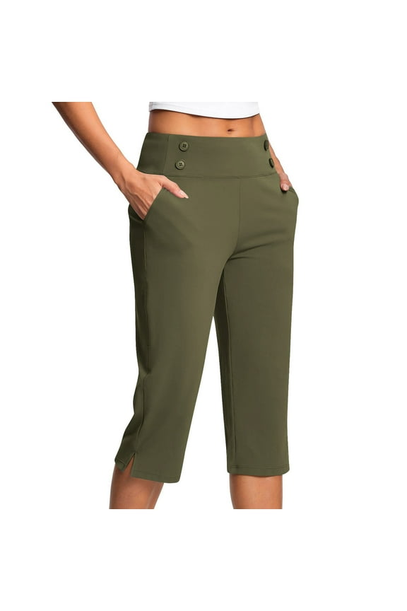 Capris for Women High Waist Plus Size Yoga Capris with Pockets Tummy Control Army Green Leggings Straight Leg Athletic Workout Capris XXL
