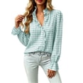thumbnail image 5 of Feancey Womens Ruffle Button Down Shirts Plaid Casual Long Sleeve Stand Collar Blouse Dressy Trendy Gingham Work Shirt Birthday Gift Light Blue L, 5 of 10