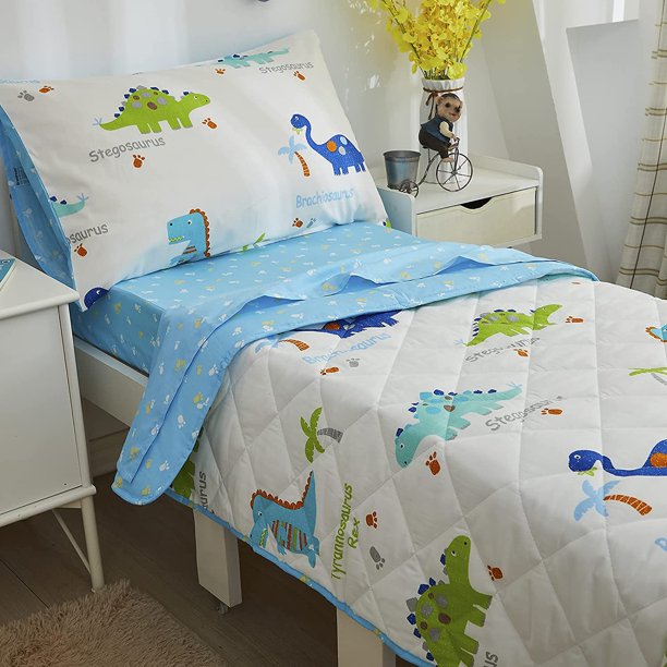 Toddler Bedding Set Dinosaur Boys Comforter Set Blue White Baby Kids