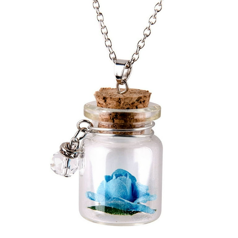 Jikolililili Glow in the Dark Flower Glass Tiny Wishing Bottle Vial Necklace Pendant Chain Strong Durable Necklace