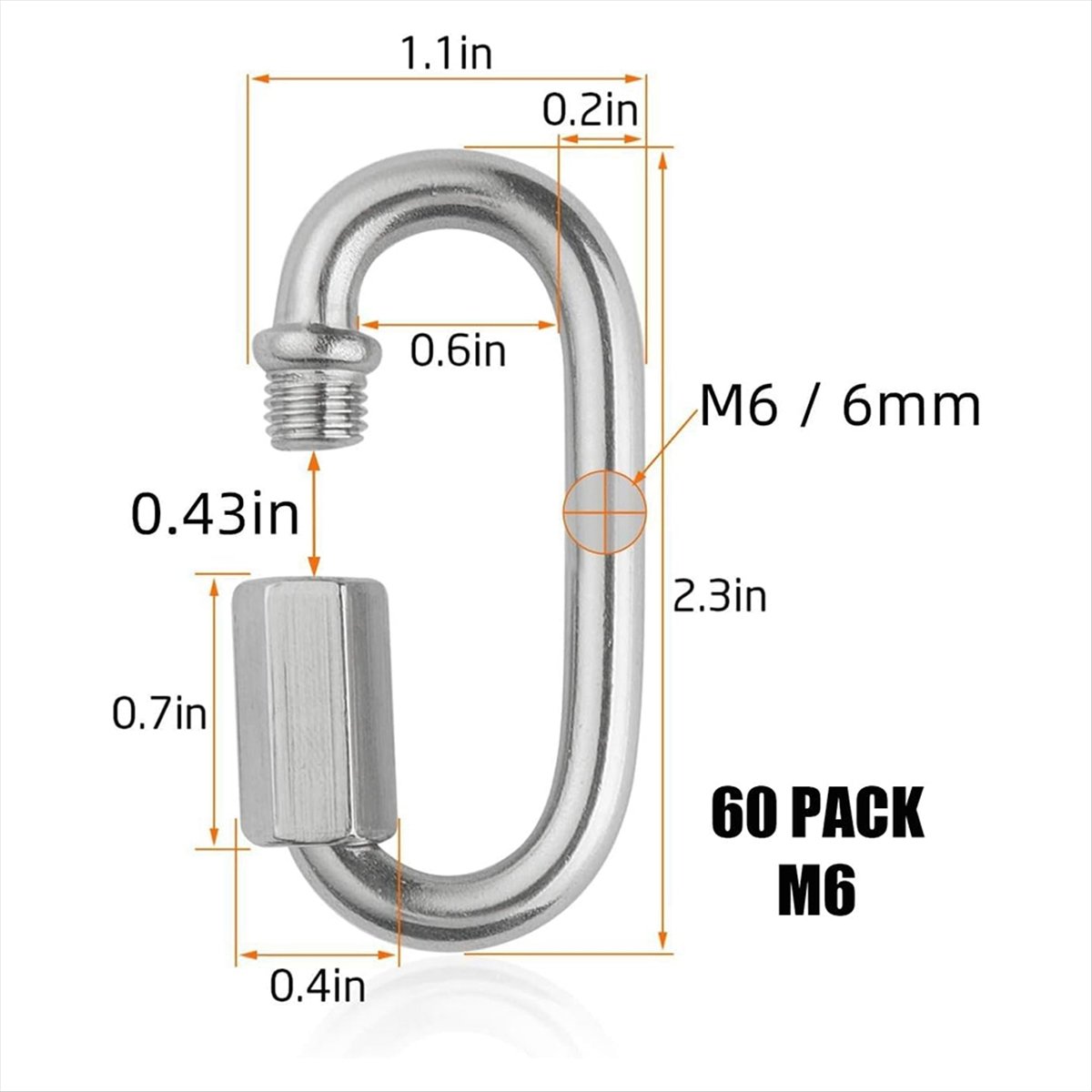 60Pcs Carabiner M6 Quick Link 6mm Chain Link, Heavy Duty Quick Link