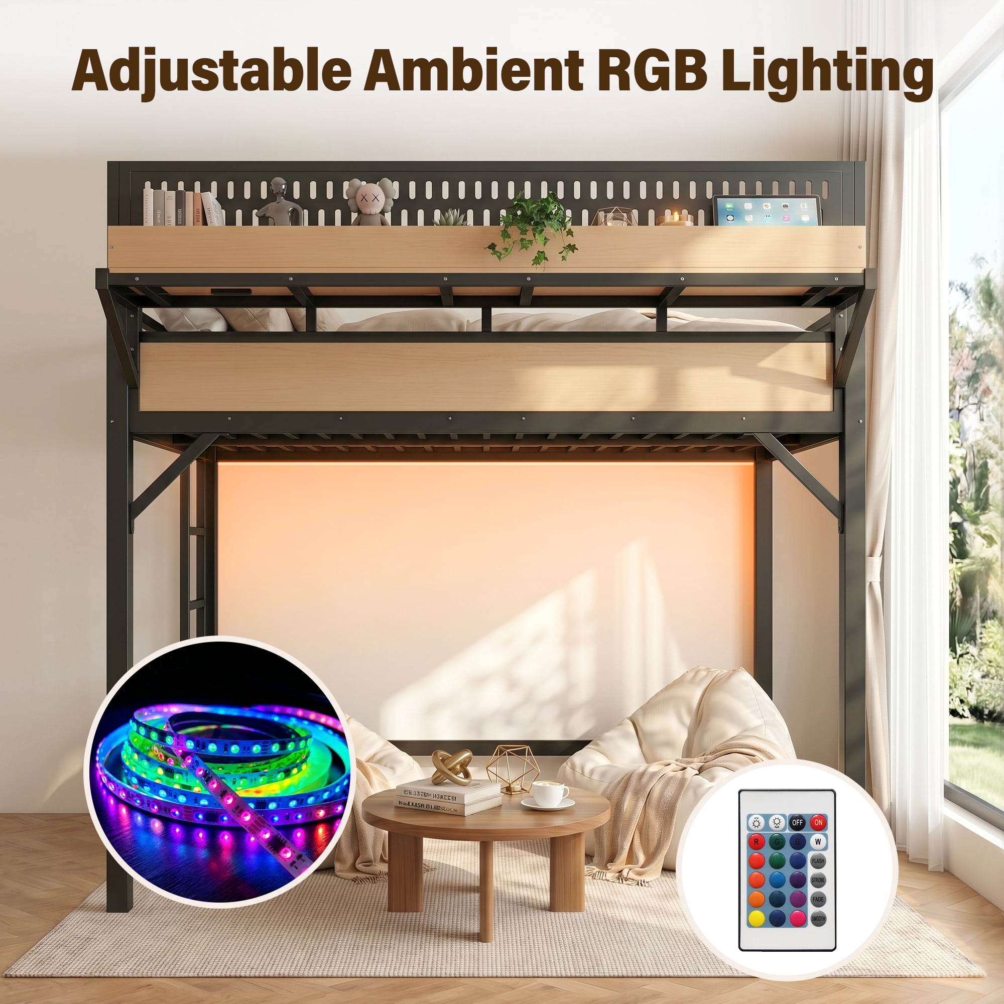 Aukfa Full Size Metal Loft Bed with USB Charging Ports & LED Lights, Heavy Duty Loft Bed with Guardrails for Kids, Adults & Small Bedroom, Natural