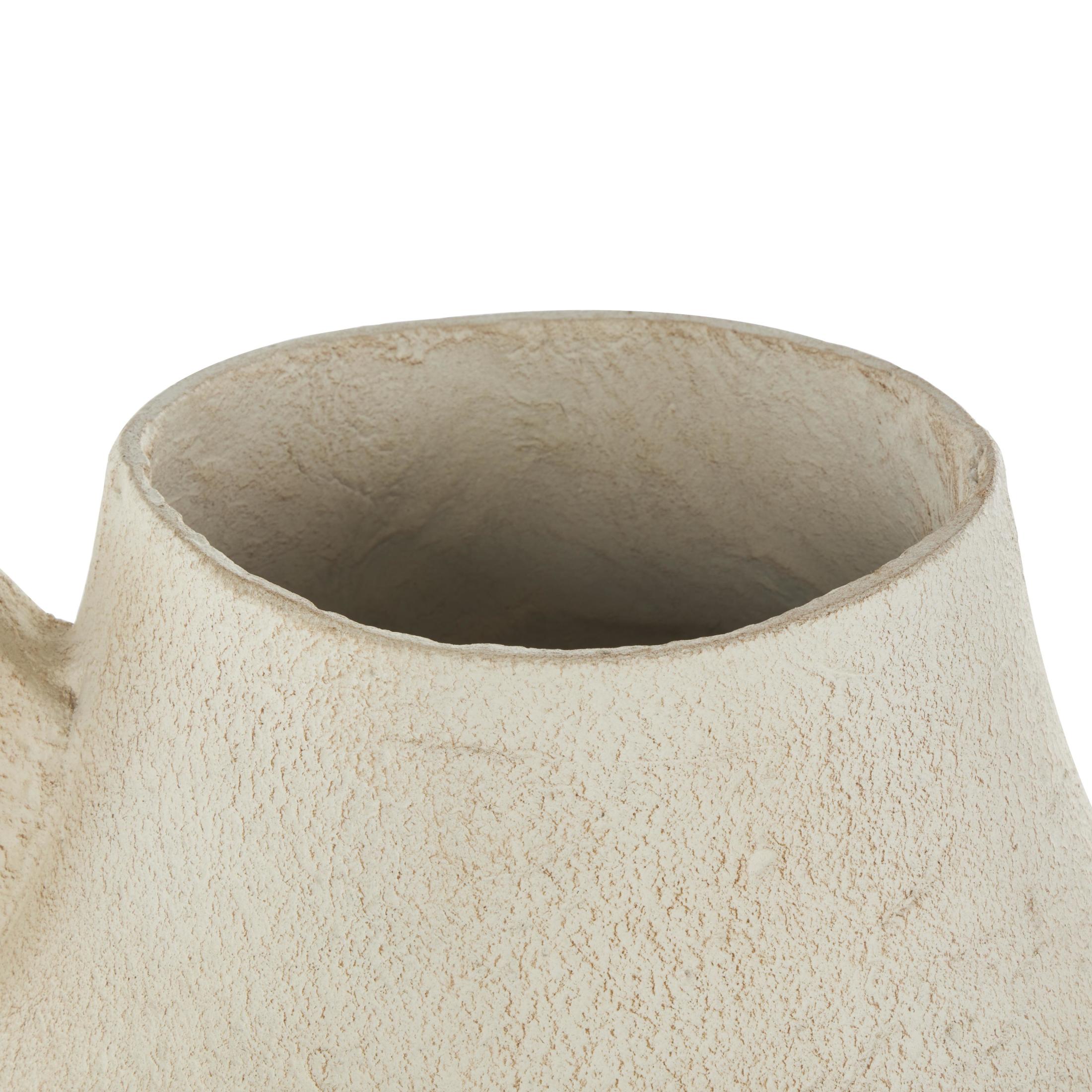 DecMode 14" Fluted Cream Paper Mache Vase with Brown Distressed Texturing and Ring Handle