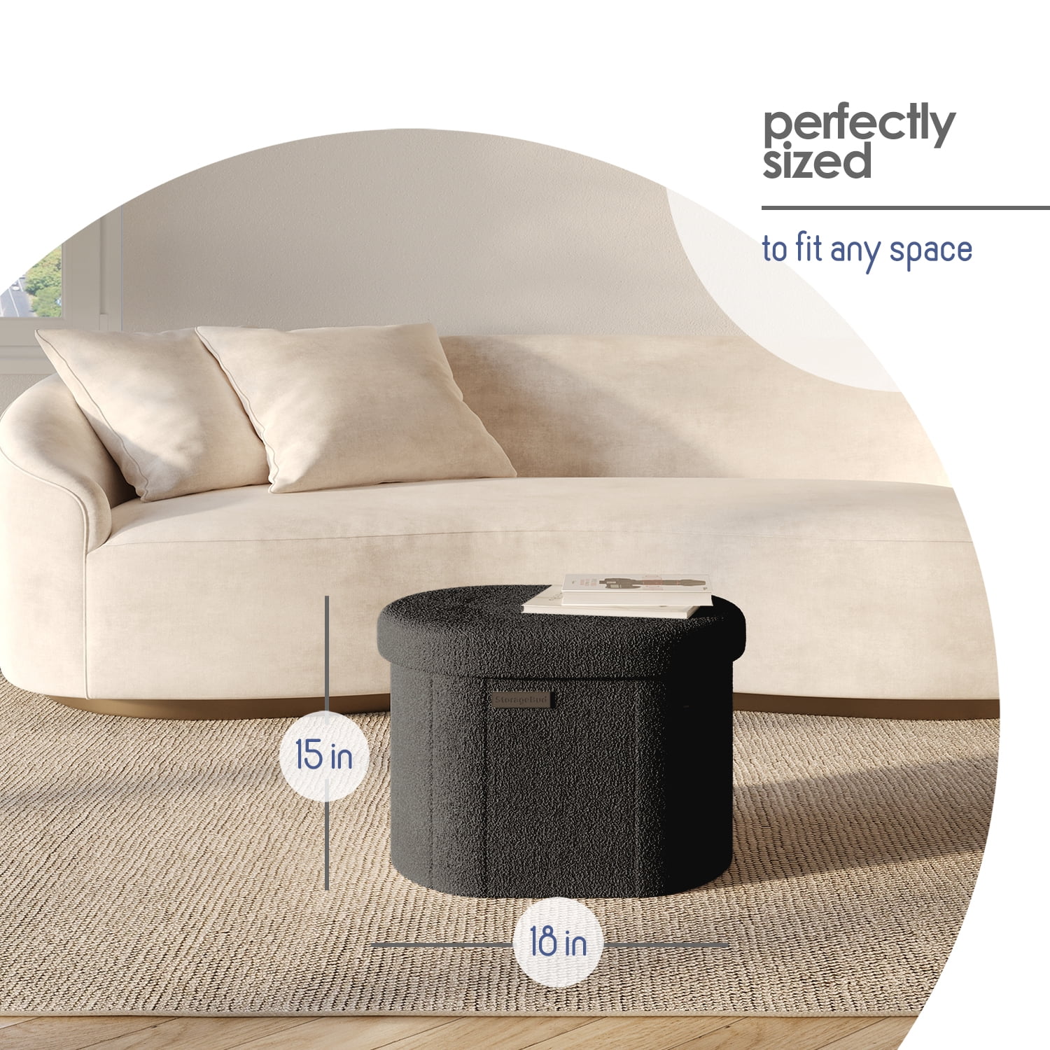Hearth & Harbor Oval Storage Ottoman Bench, Boucle 18" Ottoman with Storage , Black