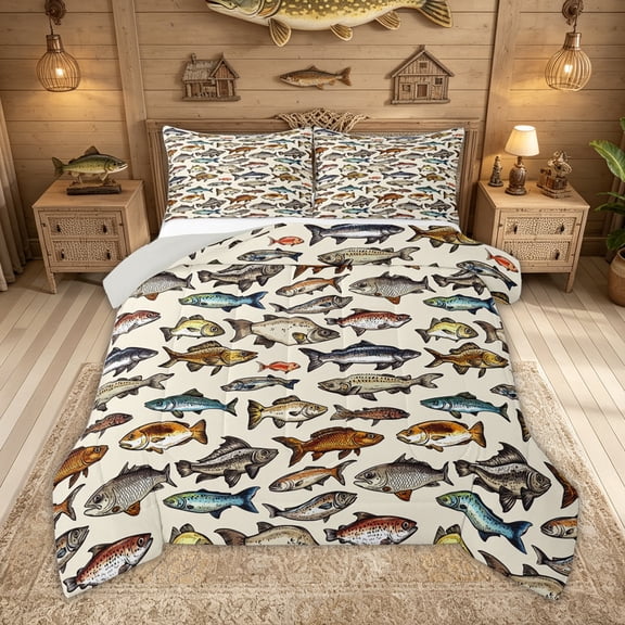 Feelyou Vintage Game Fish Ocean Full Size Comforter Sets for Boys Girls, Retro Stream Lake Marine Wildlife Bedding Sets, Brown, Grey Reversible, 3 Pieces