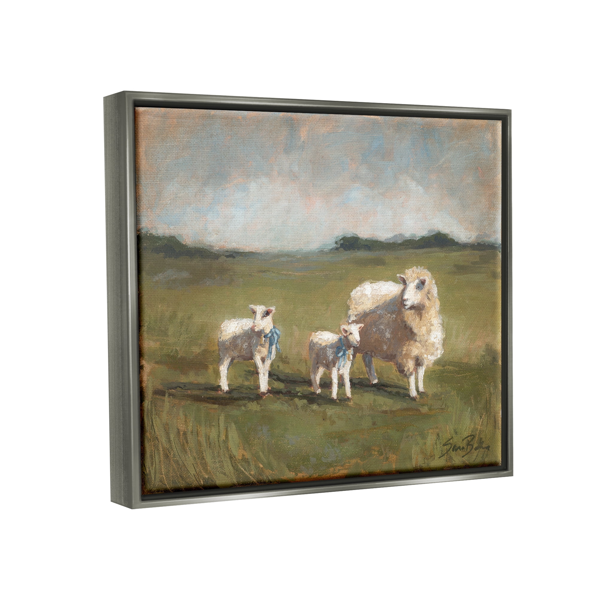 Stupell Sheep & Lamb Family Rural Grazing Animals & Insects Painting Gray Floater Framed Art Print Wall Art