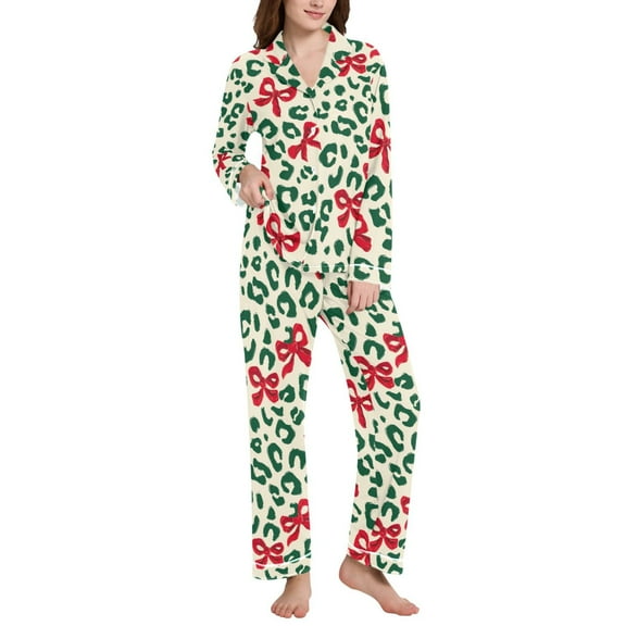 joogoo Pajamas Set for Women Spotted Bow Christmas Long Sleeve Pjs Loungewear L