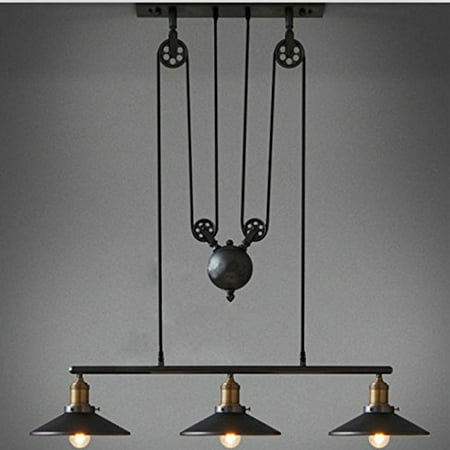 077 Island Light - WINSOON Ship from USA Creative Pulley Design Black Iron Painted 3-Lights Island Light Bar Retro Hanging Lamp 3 Heads