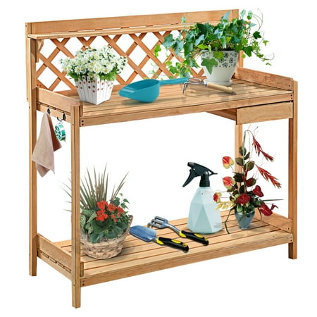 2 Station Workbench - Gymax Potting Bench Outdoor Planting Shelves Work Bench Station Solid Wood