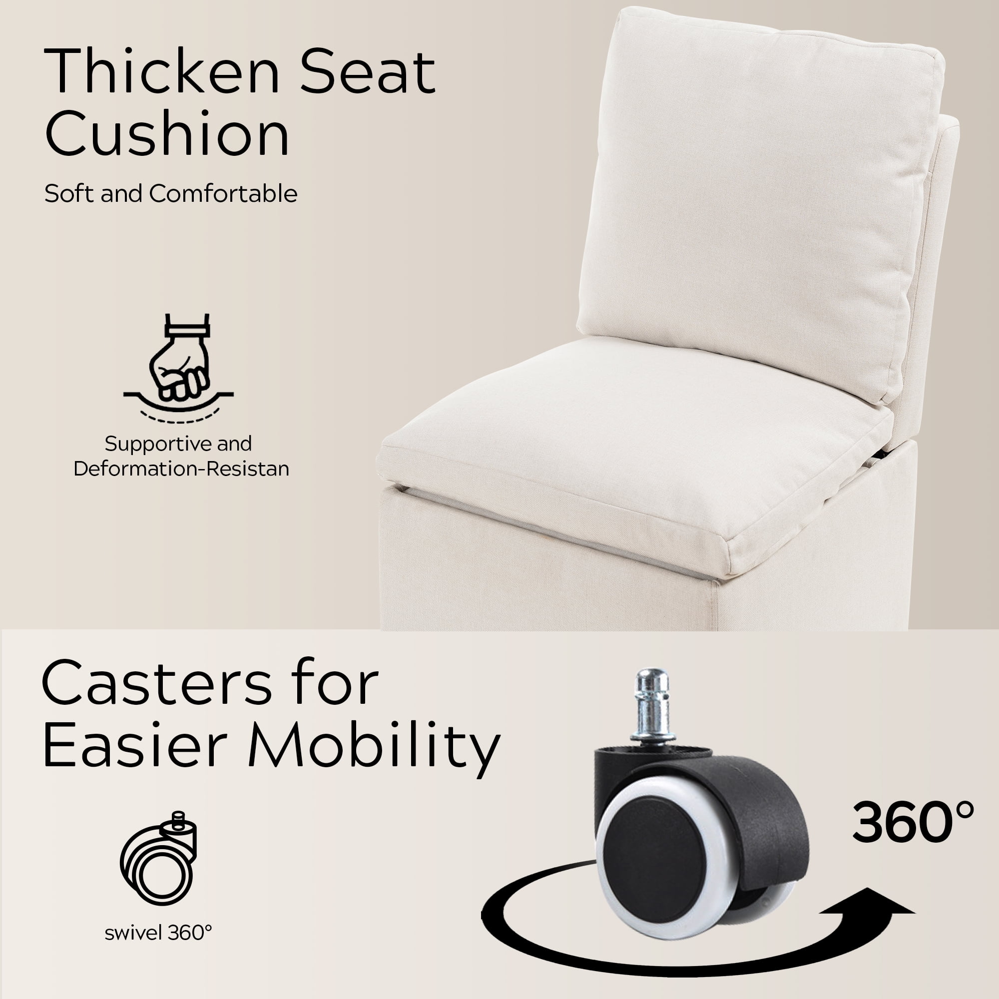 EYYTHUNG Modern Dining Chair with Casters Set of 4, Upholstered Dining Room Chairs with Concealed Storage Space, Linen Fabric Armless Seat