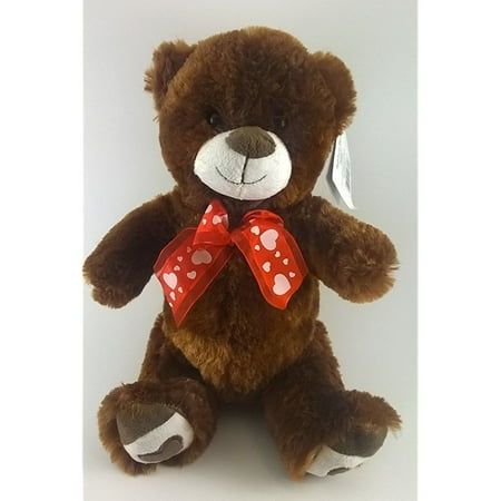Plush Teddy Bear with Heart Ribbon Bow 11 inches Brown