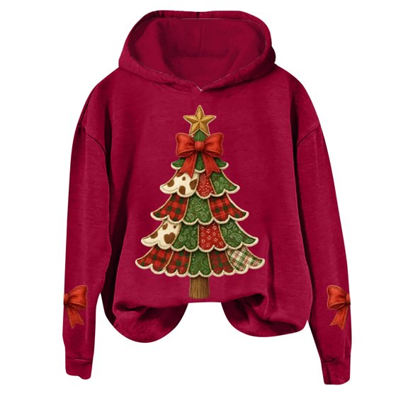 Womens Hooded Sweatshirts Xmas Tree Printed Loose Festive Christmas Hoodies Long Sleeve Graphic Pullover Tops (XL, Red)