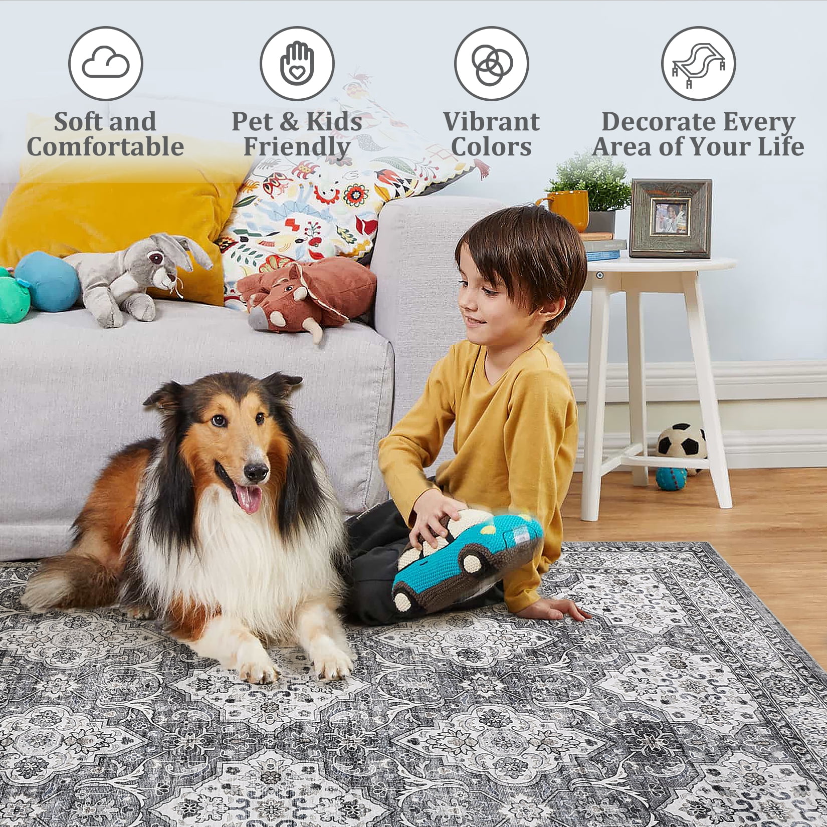 GlowSol 8' x 10' Vintage Floral Area Rug Washable Boho Rug Non-Shedding Stain Resistant Carpet for Dining Room Office, Gray