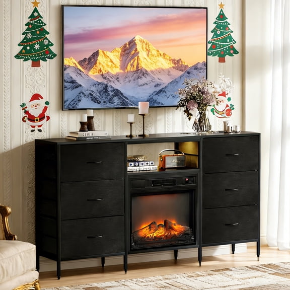Ktaxon Modern Fireplace TV Stand with 6 Clothe Drawers and Shelf, 58" Entertainment Center with 18in Electric Heater for 65 inches TV, Metal Frame, Black