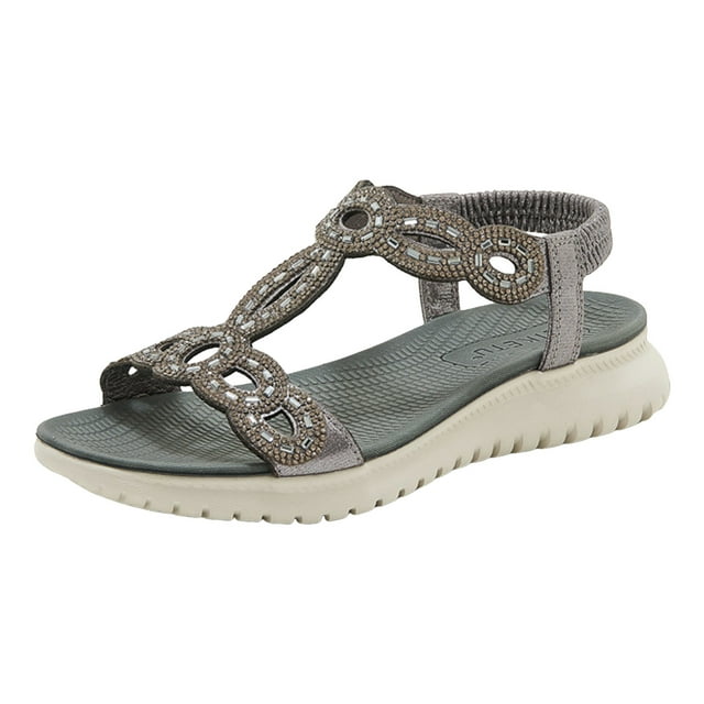 Sandales Compensées Leozcaa pour Femmes, Habillées, Confortables, Talons Bas, Bride Élastique à la Cheville, Strass, Chaussures Décontractées