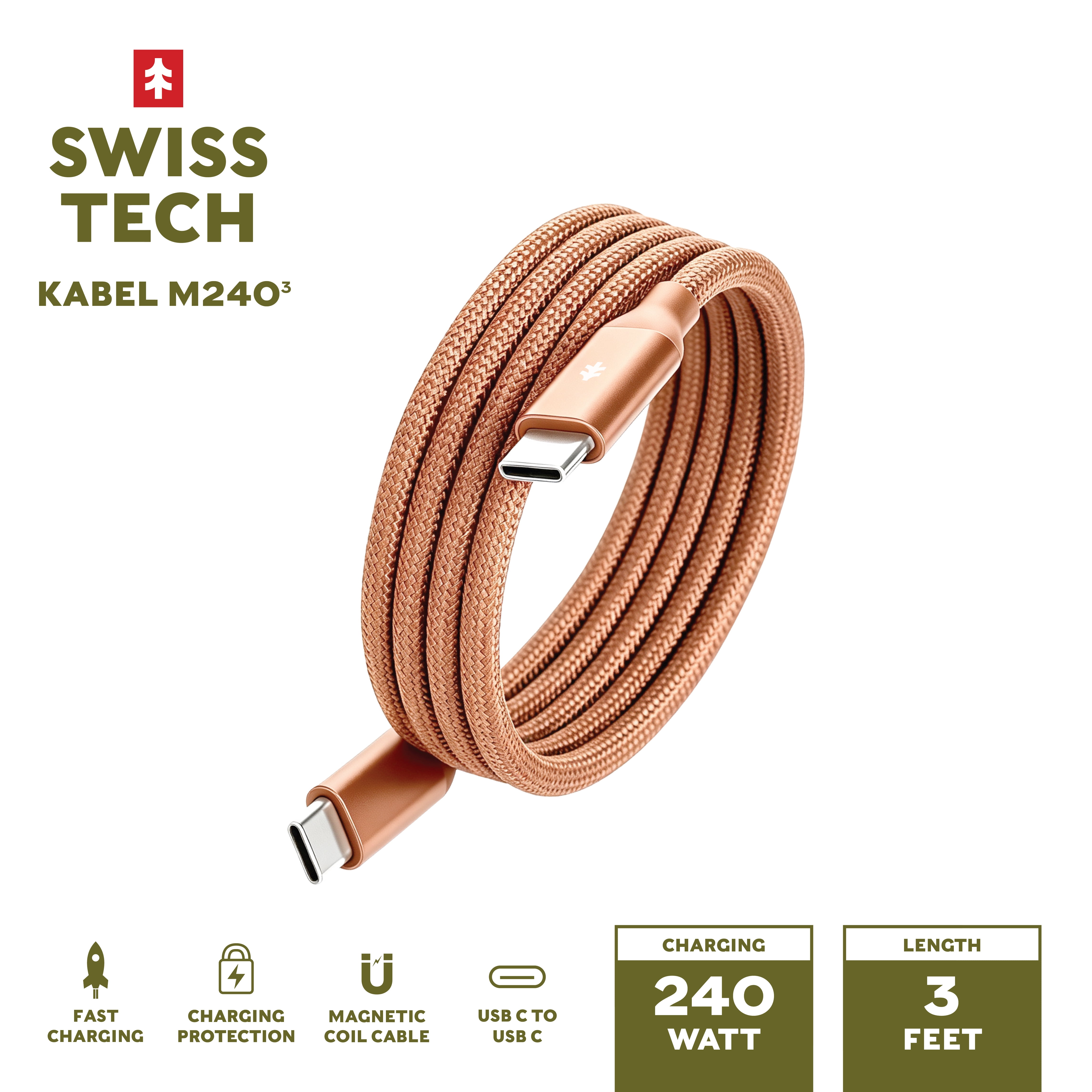 Swiss Tech Kabel M240 3 ft 240W Magnetic Self-Coiling USB-C Charging Cable, Terra Orange