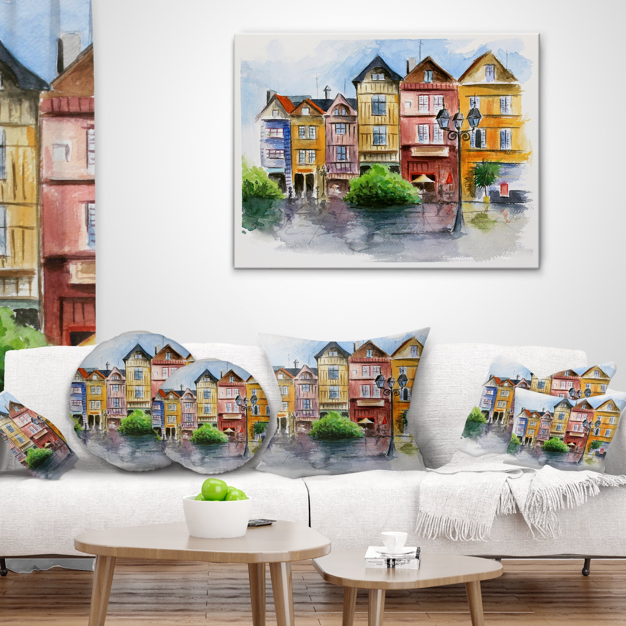 Designart Little City in Watercolor - Landscape Printed Throw Pillow - 18x18