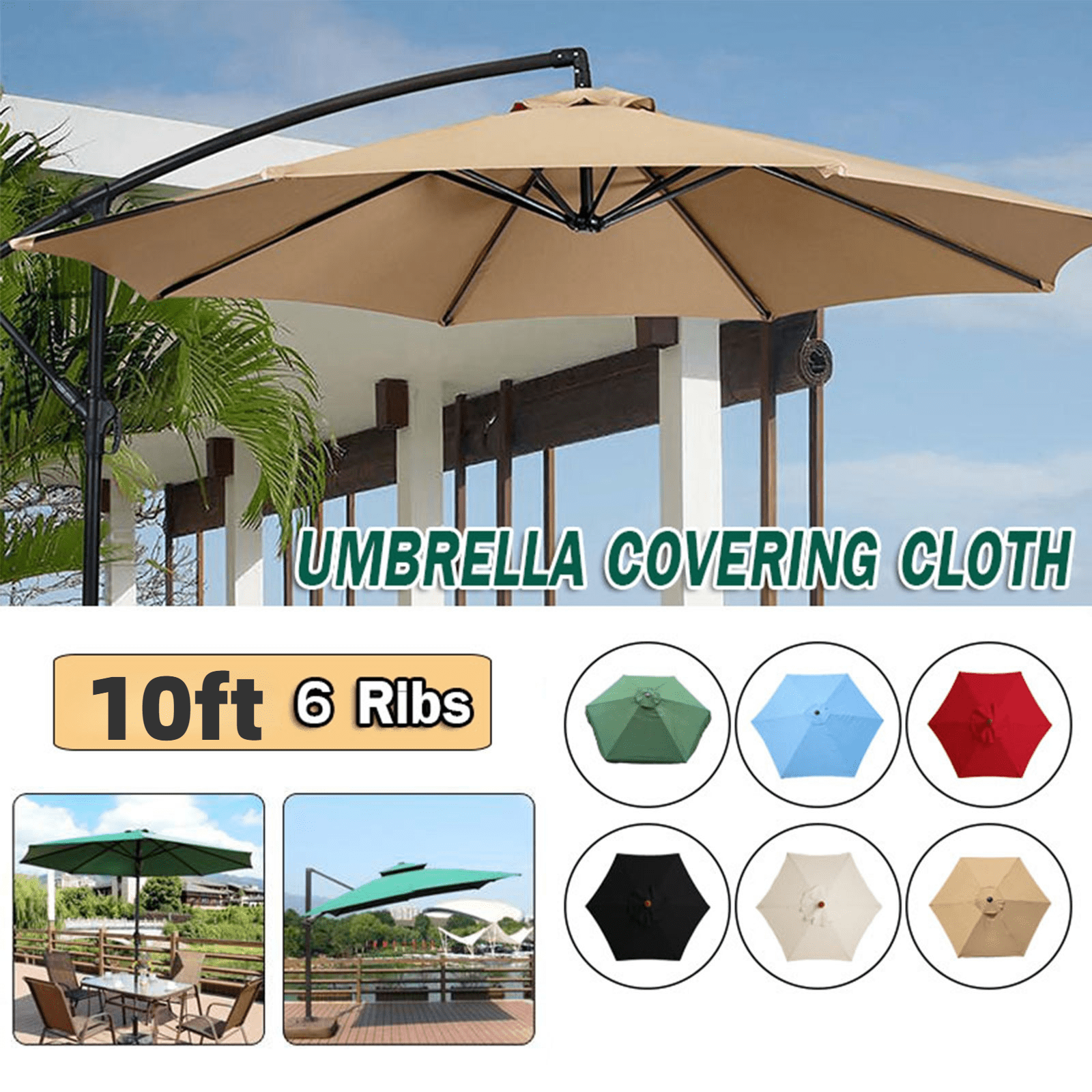 10ft 6 Ribs Patio Umbrella Canopy Top Cover Waterproof Replacement Fabric Cloth 