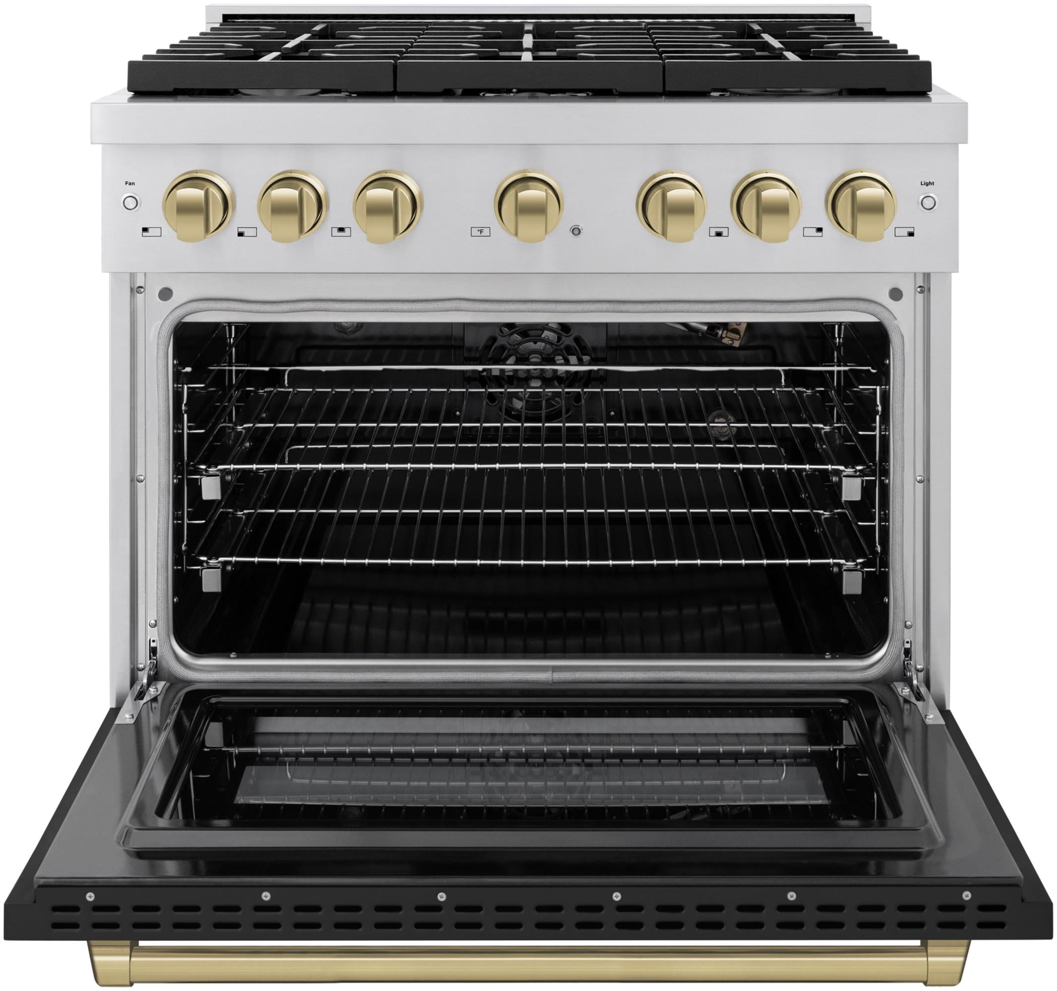 ZLINE Autograph Edition 36 in. 5.2 cu. ft. 6 Burner Gas Range with Convection Gas Oven in Stainless Steel with Black Matte Door and Champagne Bronze Accents (SGRZ-BLM-36-CB)