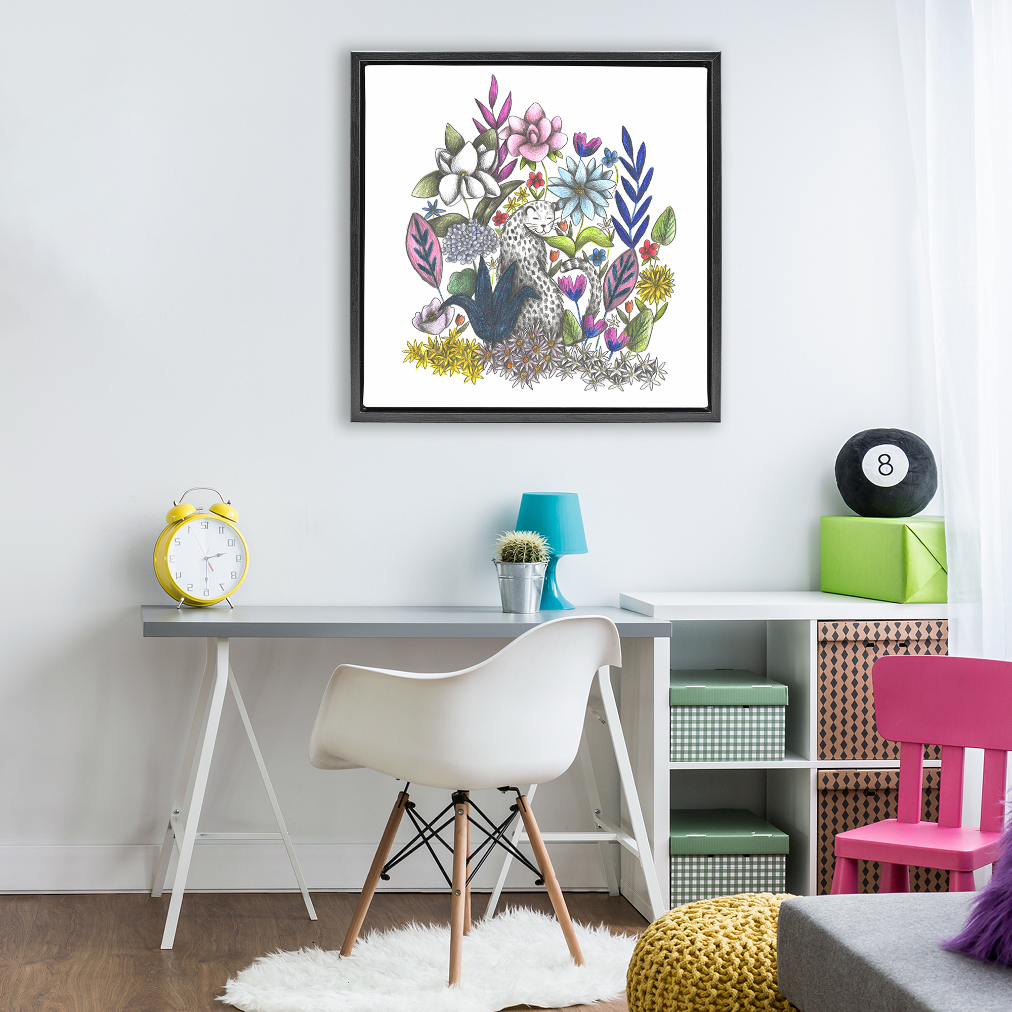 Leopard in Midst of Flowers Black Framed Floater Canvas Wall Art, design by Cecilia Battaini