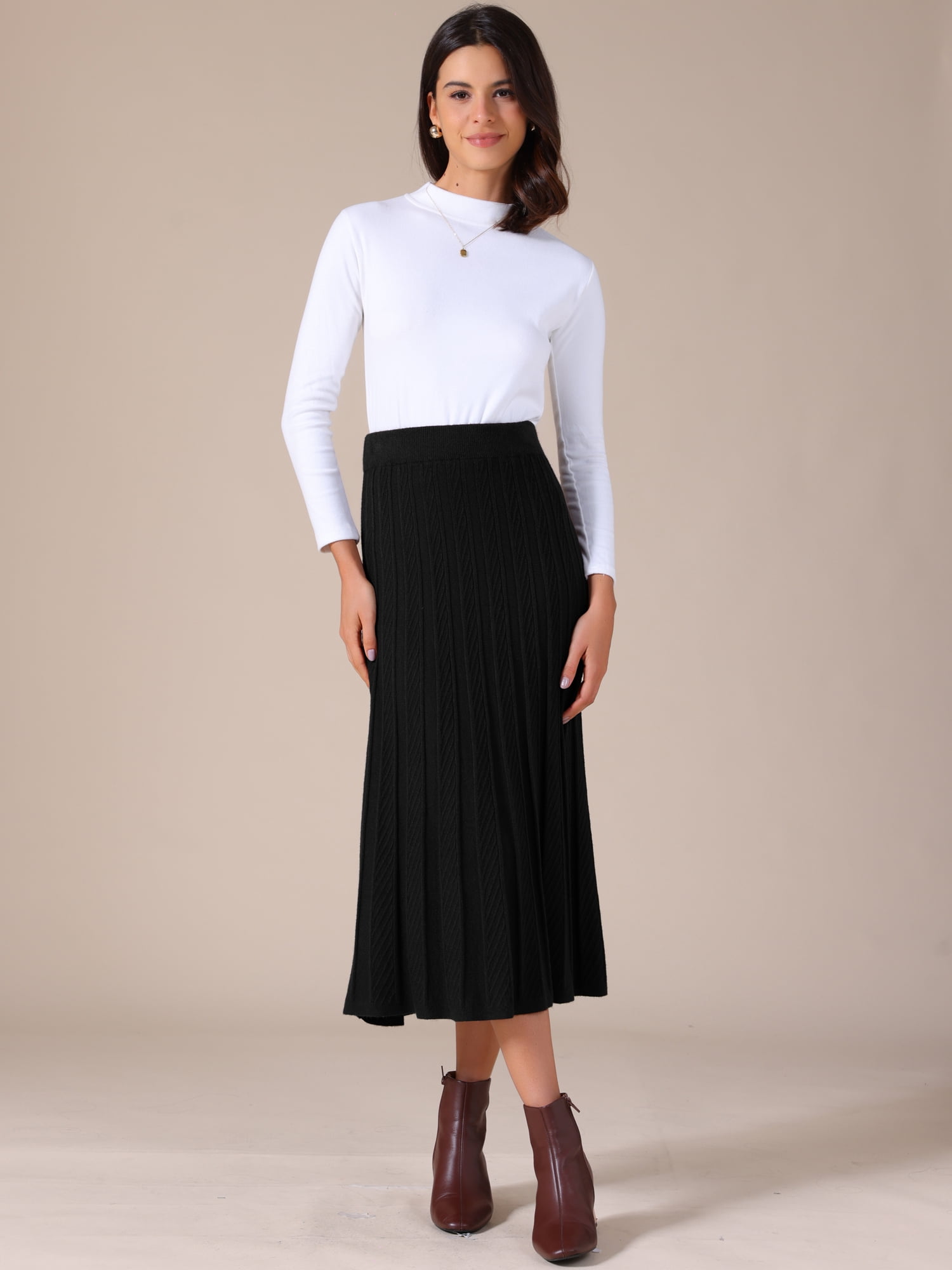 DARING DIVA Women's Sweater Pleated A Line Knit Midi Skirt Large Black