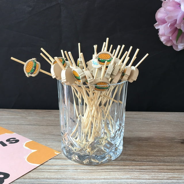 100Pcs Fruit Fork Creative Disposable Cartoon Hamburger Pattern Food Bamboo Stick Home Supply
