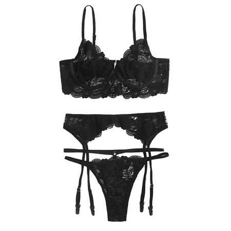 

kakina CMSX Clearance Sexy Women Lace Hollow Out Babydoll Underwear Sleepwear Intimates Thong With Garter Panty Lingerie Set Black S
