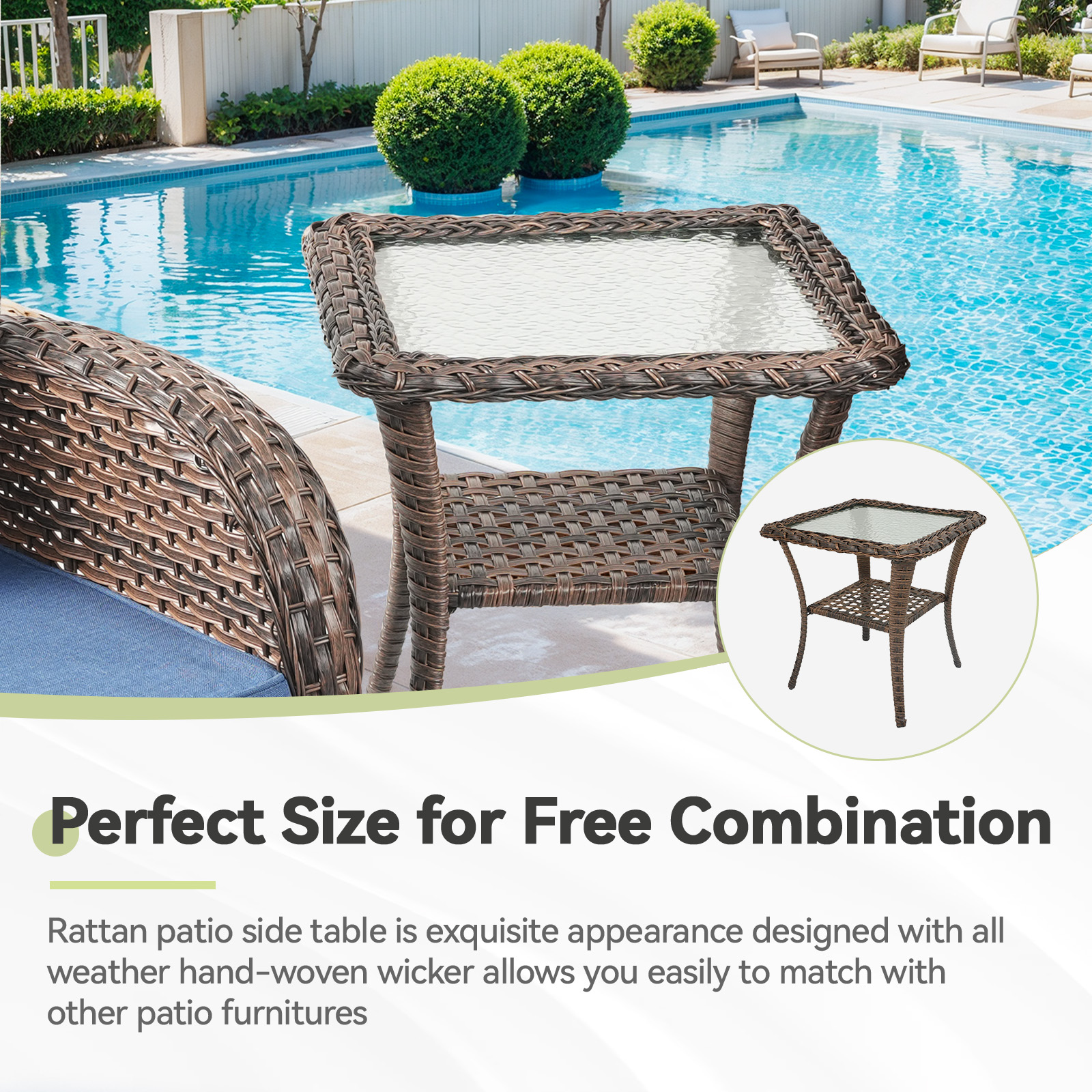 Planntonneo 3 Piece Wicker Patio Furniture Sets, Outdoor Swivel Rocking Chairs Set of 2 with Rattan Side Table for Deck Porch Pool, Brown/Blue