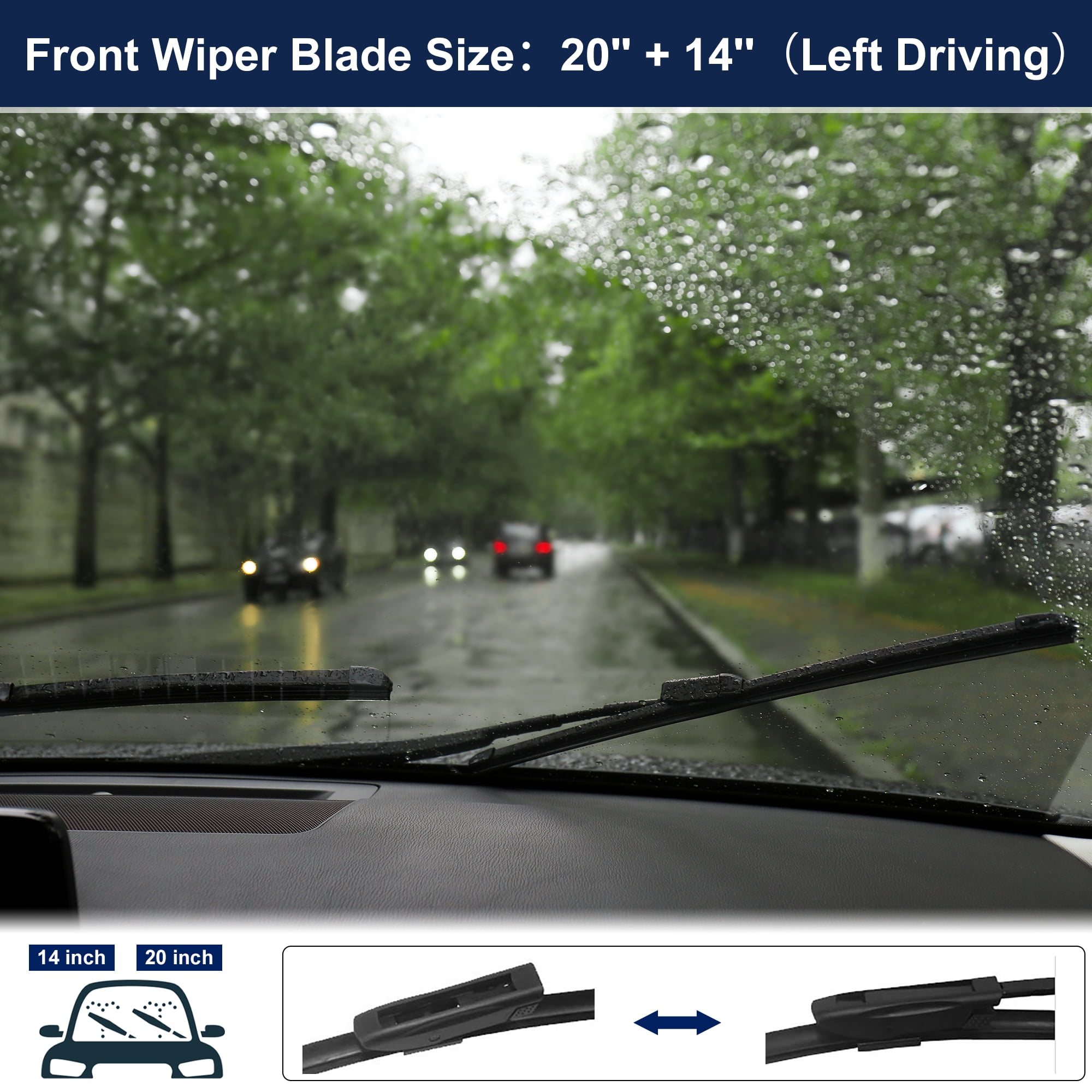 Unique Bargains 1 Pair 20"-14" Coating Silicon Front Windshield Wiper Blade for Smart Fortwo 2014-2019 Not J / U Hook