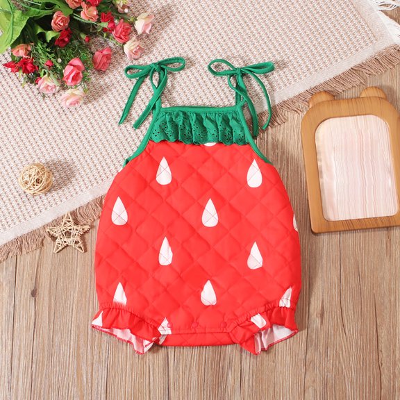 Baby Rompers Girls Strawberry Print Spaghetti Strap Romper Summer Crawling Bodysuit Comfortable Girls Romper Size 12-18M