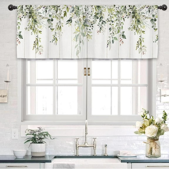 Eucalyptus Leaves Plant Kitchen Valance Curtains 54W x 18L Inch Botanical Farmhouse Rustic Sage Green Country Rod Pocket Window Treatment Drapes for Living Room Bedroom Bathroom Decor