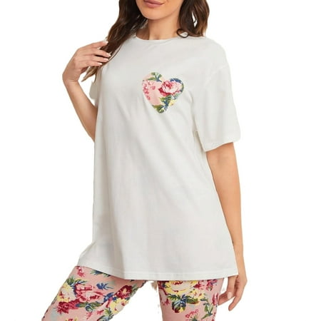 

Casual Floral PrintRound Neck Pant Sets Elbow-Length Multicolor Womens Pajama Sets (Women s)