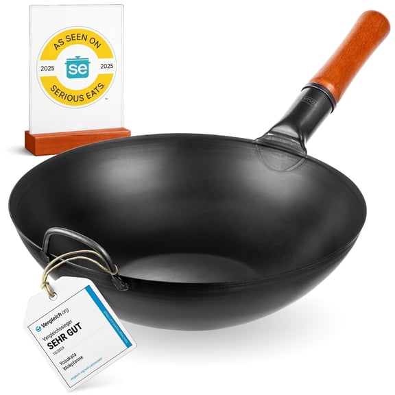 YOSUKATA 13.5" Pre-Seasoned Carbon Steel Wok Pan, Flat Bottom Stir Fry Pan for Gas, Electric, Induction & Open Fire, Traditional Asian Cookware for Kitchen, BBQ & Camping Use