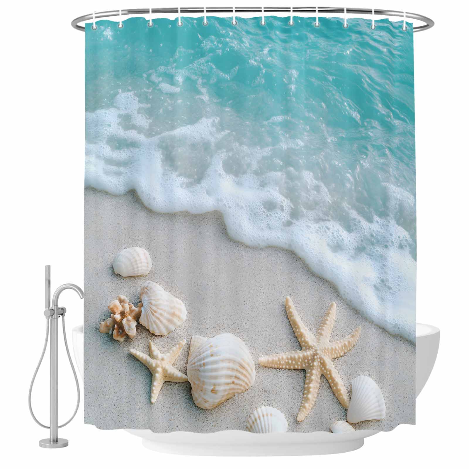 Teal Beige Shower Curtains for Bathroom, Beach Starfish Seashell Sand Sea Waves Scenery Washable Fabric Shower Curtain with Hooks Waterproof Bathroom Decor Sets, 36 x 72 Inches
