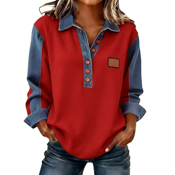 Women's Solid Color Casual Long Sleeved Lapel Button Denim Splicing Pullover Sweatshirt Sweatshirt Top