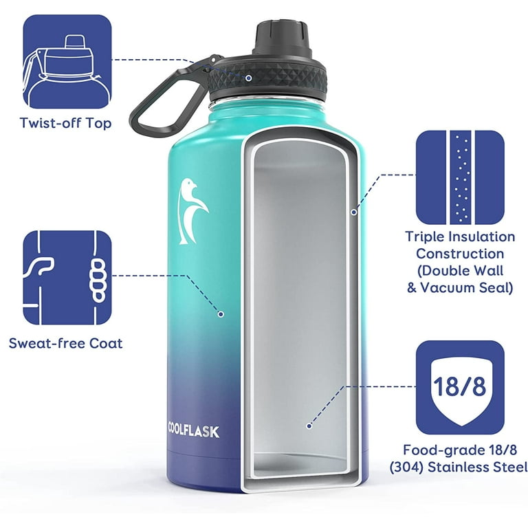 Coolflask Insulated Water Bottle 64 oz with Straw & 3 Lids, Half