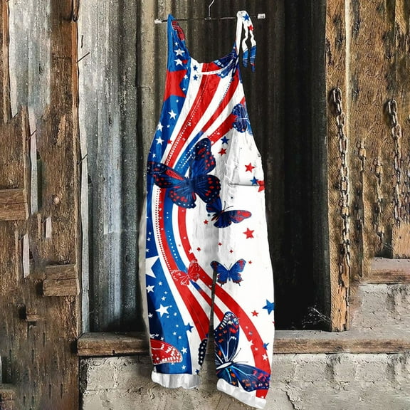 DDAPJ pyju American Flag Jumpsuits for Women 4th of July Patriotic Overalls Red White Blue Stripes Sleeveless Wide Leg Rompers with Pockets Today's Sales White M
