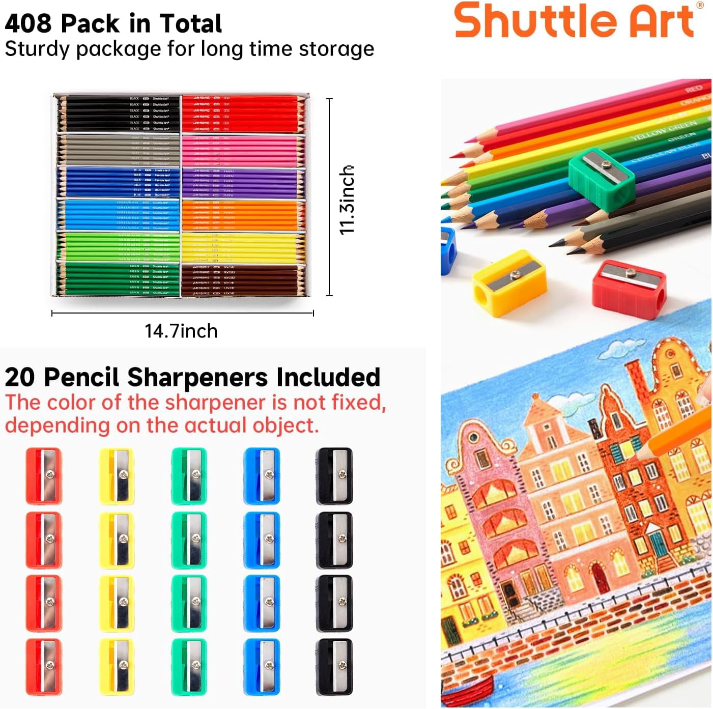 Colored Pencils Bulk, Shuttle Art 408 Pack Coloring Pencil Set Plus 20 Sharpeners, 12 Assorted Colors, Classroom Pack School Supplies