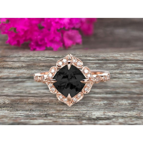 Milgrain Cushion Cut Black Diamond Moissanite Engagement Ring 2.05 Carat Glaring Wedding Ring 10k Rose Gold Floral Art Deco