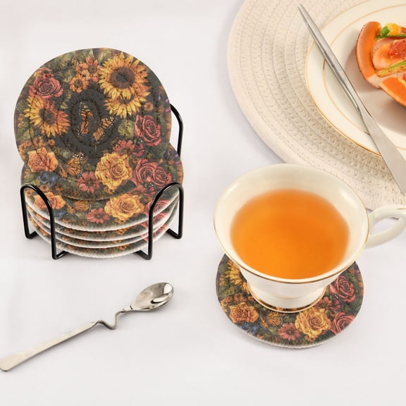 BZSMCE 6Pcs Drink Coasters With Holder 3.94Inch Butterflies and Flowers on Plaid Creative Coil Coaster Coasters Colors Absorbent Coasters for Drinks Coasters Set Thicken Heat for Home Table