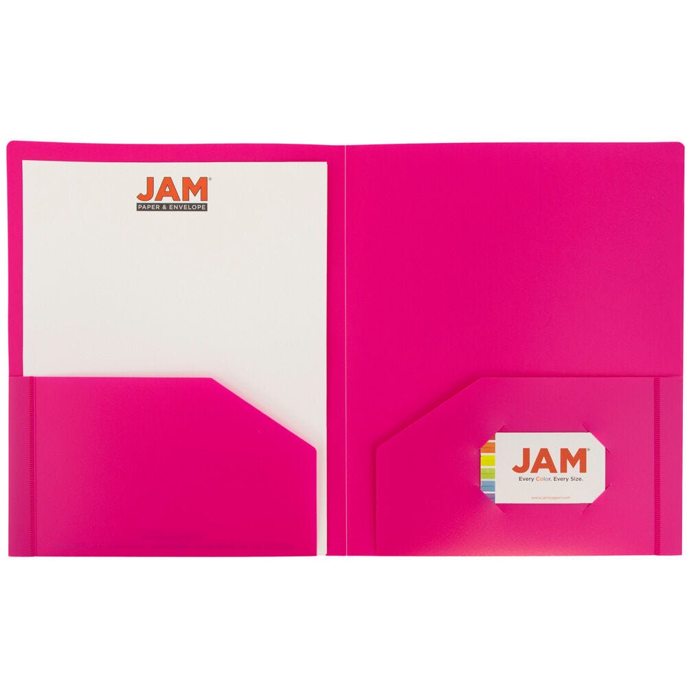 JAM Paper Heavy Duty Plastic 2 Pocket Extra Tough School Folders, Fuchsia Hot Pink, Bulk 48/Pack