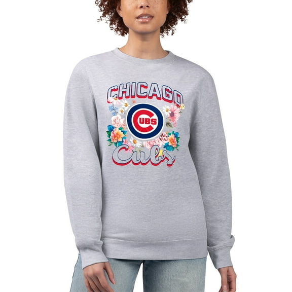 Women's G-III 4Her by Carl Banks Heather Gray Chicago Cubs Flowers Graphic Pullover Sweatshirt