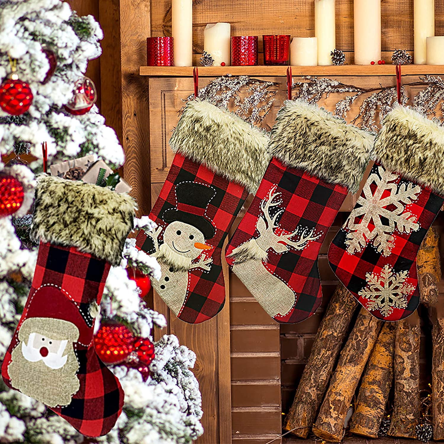18 Inch Big Christmas Stockings 4-Pack - Burlap Plaid With Faux Fur Cuff, Snowflake Santa Snowman Reindeer - View #10