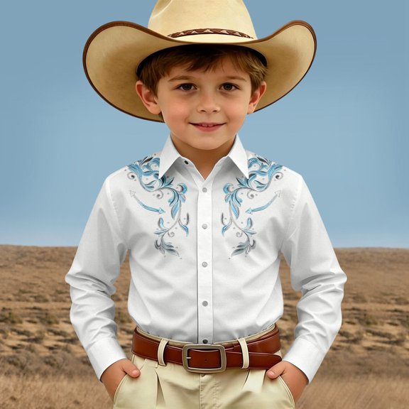 SOFTCCLO Boys Shirts Long Sleeve Lapel Collar Button Down Tops Western Cowboy Print Stylish Casual Kids Shirts Size 12-13Y