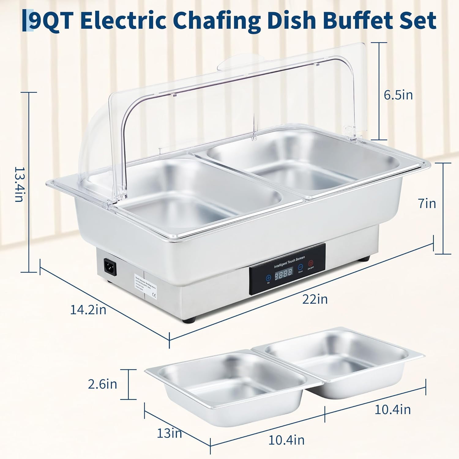 Electric Chafing Dish Buffet Set, 9 QT Stainless Steel Food Warmer with Temperature Control & Transparent Roll Top Lid, Catering Server for Parties, Banquets, Buffets, Keeping Food Warm & Fresh