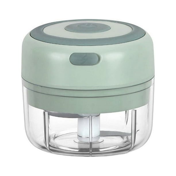 Cortador eléctrico de ajo y verduras con carga USB, capacidad de 100ml, color verde, material PP + acero inoxidable, tamaño pequeño 9.5x9.5x11.5cm, potencia de 30W, batería de 1200mAh.