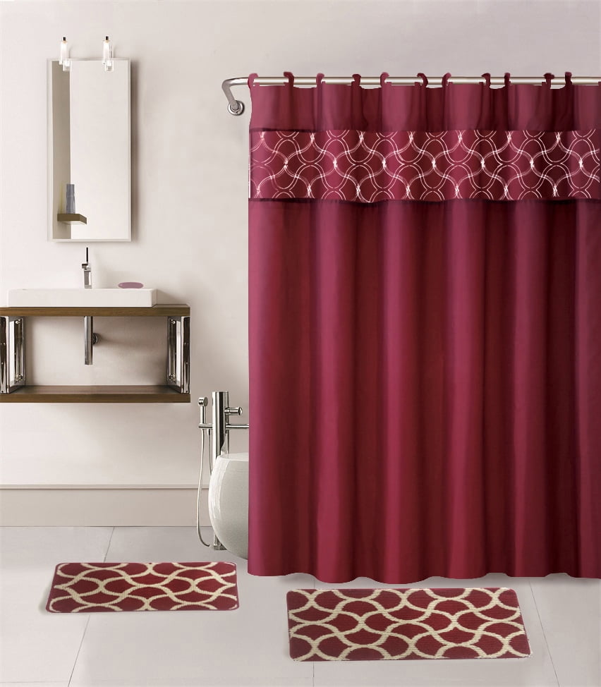 15-PC Geometric Burgundy HIGH QUALITY Jacquard Bathroom Bath Mat Set, Washable Anti Slip Large Rug 18"x30", Small Rug 18"x24" with Non-Skid Rubber Back, Shower Curtain and 12 Round Shower Hooks
