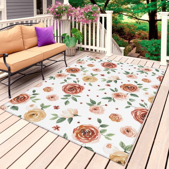Brown Red Flowers Outdoor Rug for Patio/Deck/Porch, Non-Slip Large Area Rug 5 x 7 Ft, Rustic Botanical Floral Leaves Plants Indoor Outdoor Rugs Washable Area Rugs, Camping Rug Carpet Runner