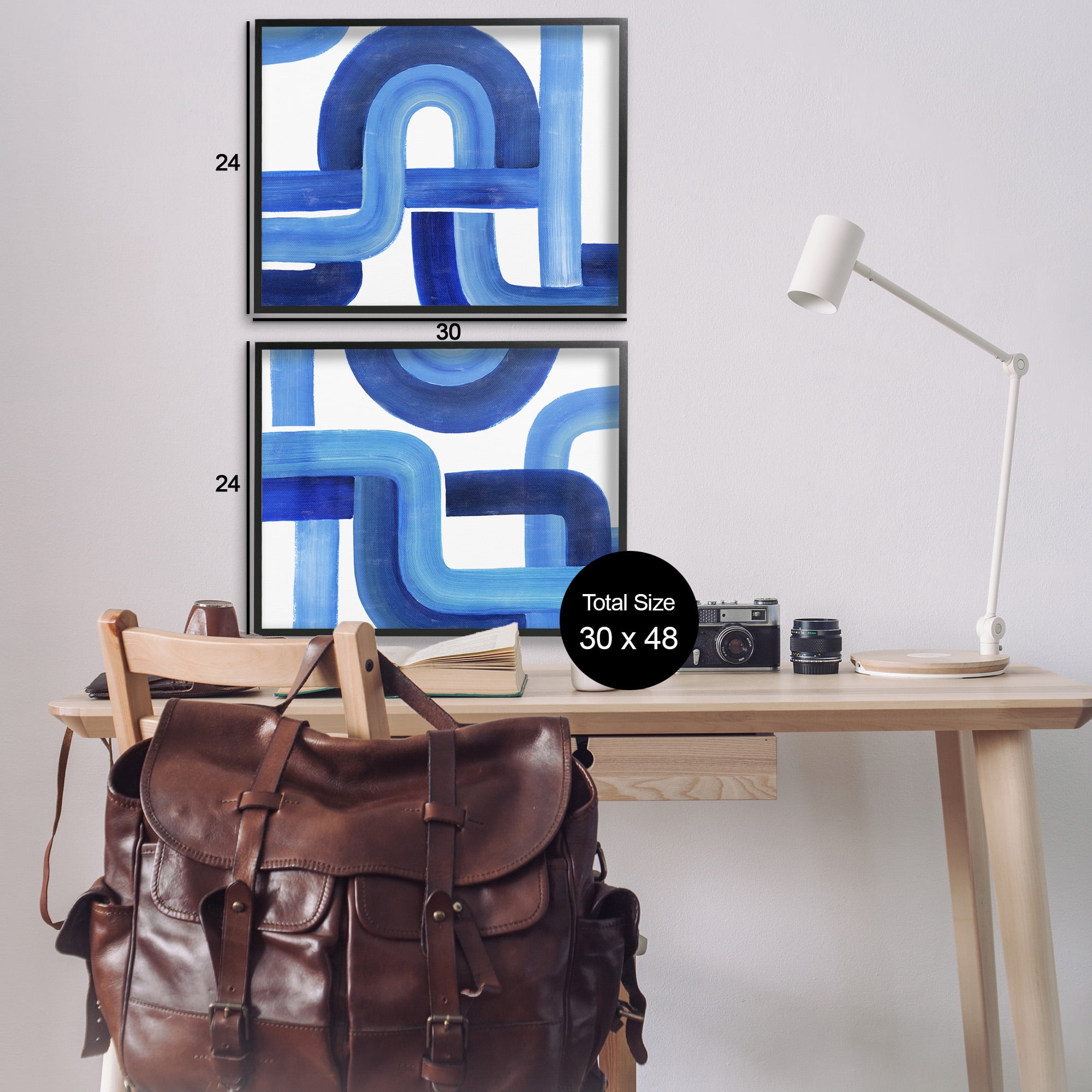 Stupell Industries Woven Blue Geometric Lines Abstract Painting Black Framed Art Print Wall Art, 30 x 24, Set of 2